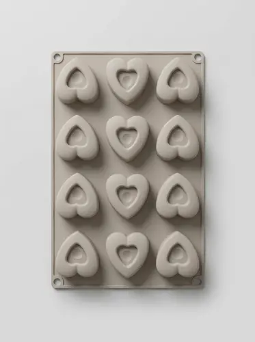 Thick silicone heart-shaped mold for chocolate and candies, with heart cutout, Model KS69