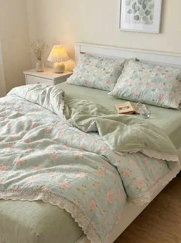 Yumshoq paxta effektli, bolalikdagi kabi his beruvchi ko'rpa-to'shak to'plami, gulli dala, «Komfort» liniyasi, model X-BEDS9F